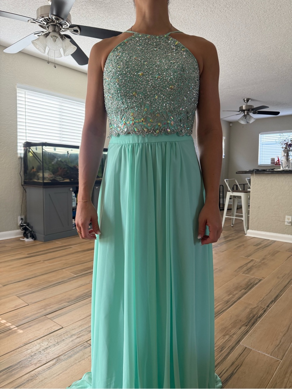 Beaded Teal Chiffon Prom long skirt and top with Double Straps